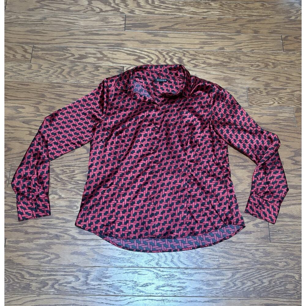 George Women's Red & Black Long Sleeve Button Up V-Neck Satin Blouse Top, Sz L